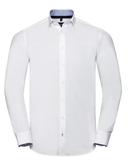Men´s Long Sleeve Tailored Contrast Ultimate Stretch Shirt  zum Besticken und Bedrucken in der Farbe White-Oxford Blue-Bright Navy mit Ihren Logo, Schriftzug oder Motiv.